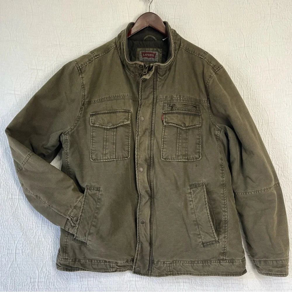 Levis Men XXL Military Field Jacket Green Cotton Canvas Quilt Lined Trucker Coat - Picture 16 of 16